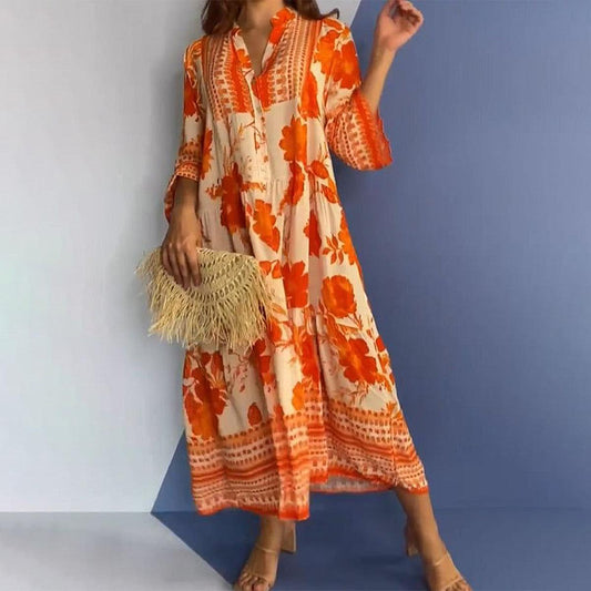 Robe mi-longue orange vif à col en V