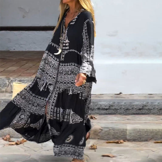 Robe longue tendance à col en V et manches cloche