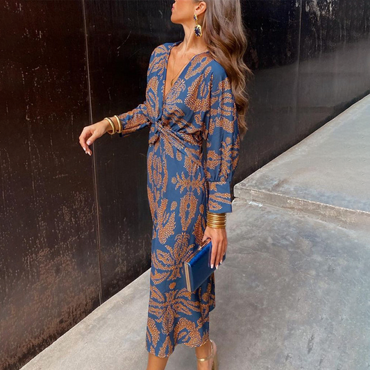 Robe midi Groovy bleue à manches longues