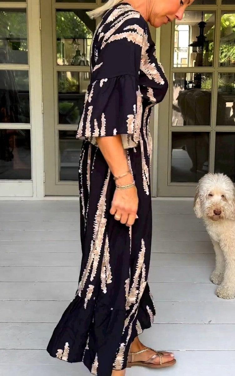 Robe midi rétro imprimée à manches 3/4