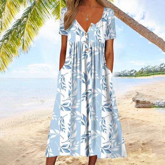 Blue Paradise - Robe mi-longue plissée à manches courtes et poche latérale