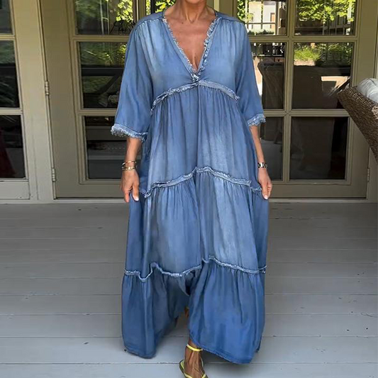 Robe longue bleue en denim unie à manches 3/4