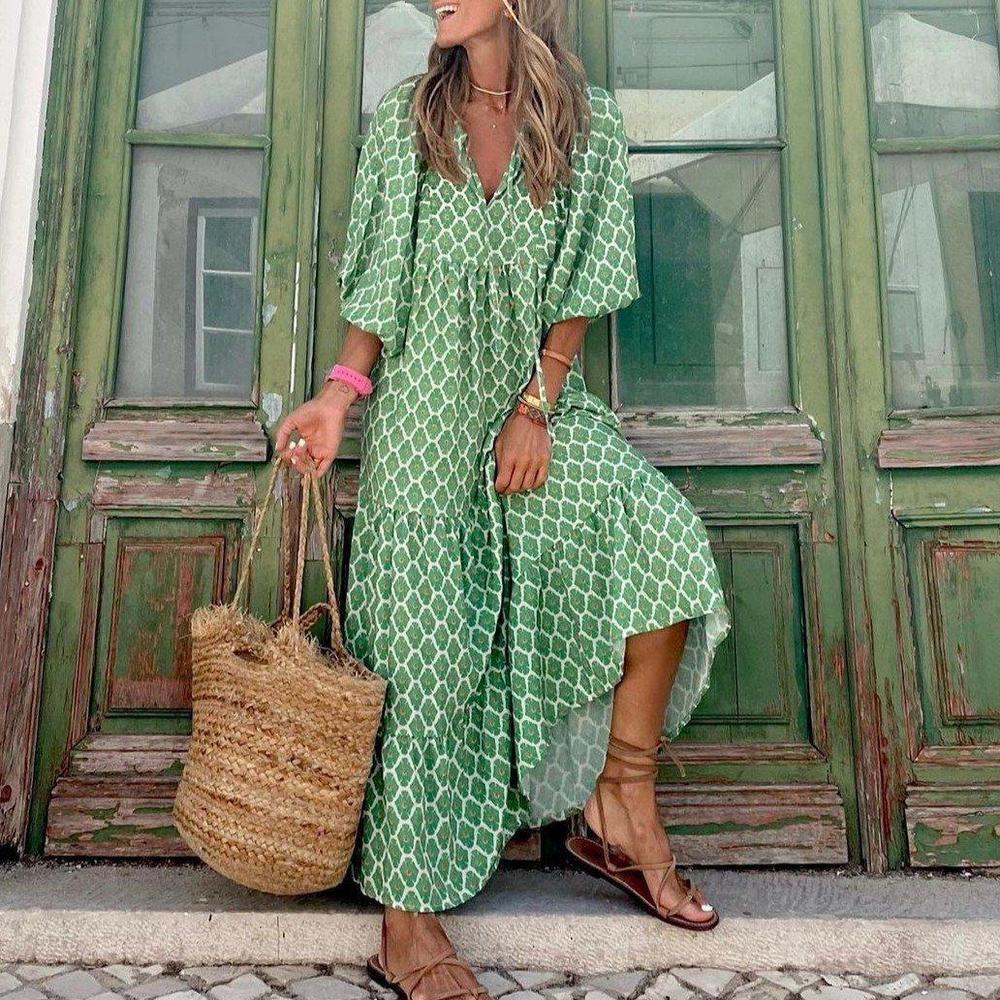 Robe longue verte bohème beauté