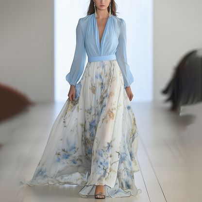 Superbe robe longue à col en V et imprimé floral