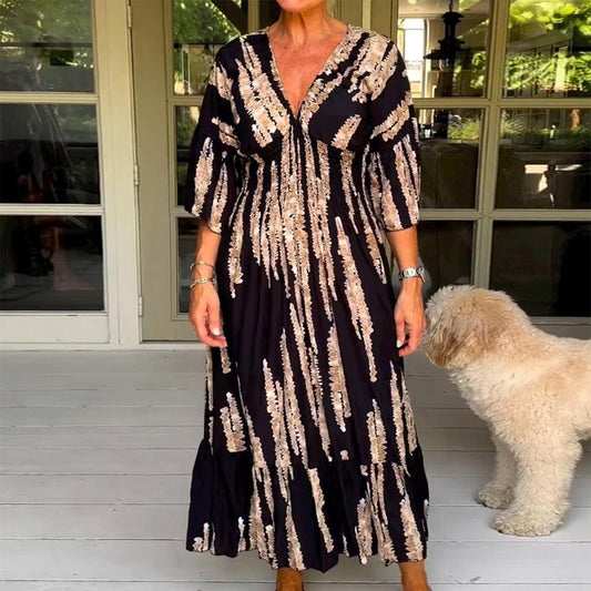 Robe midi rétro imprimée à manches 3/4
