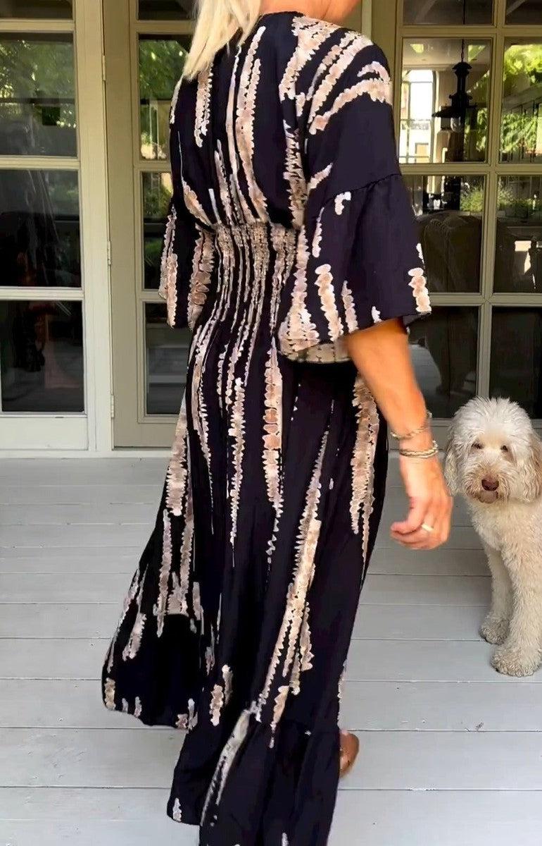 Robe midi rétro imprimée à manches 3/4