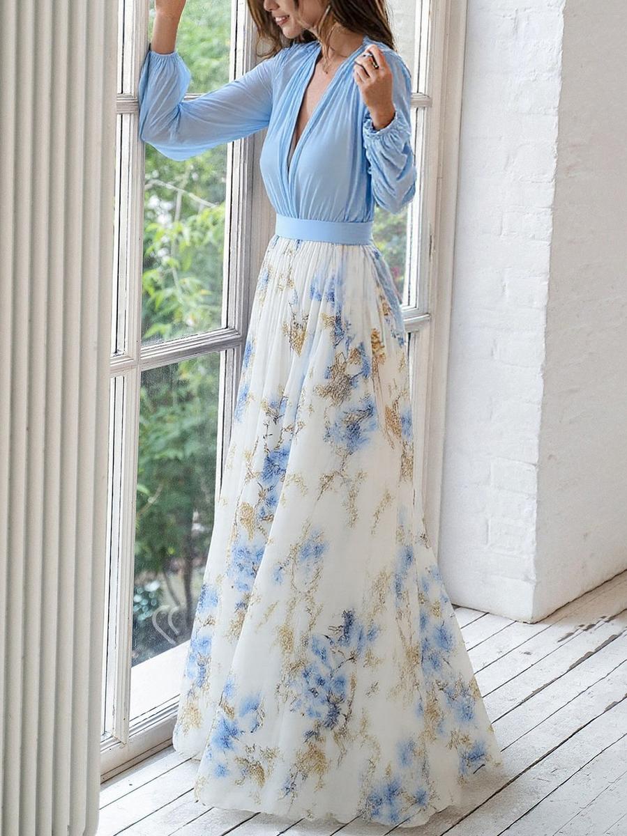 Superbe robe longue à col en V et imprimé floral