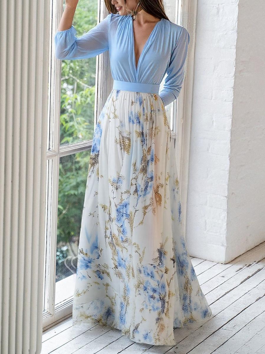 Superbe robe longue à col en V et imprimé floral