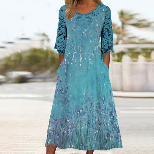 Superbe robe midi bleue à manches mi-longues et poche latérale