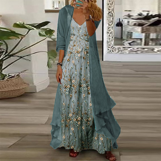 Robe longue à imprimé floral pour jeunes avec veste fine, tenues deux pièces