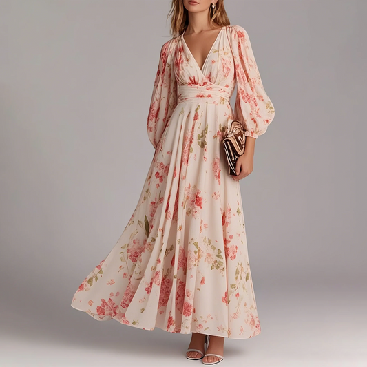 Robe longue rose à imprimé floral et col en V