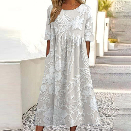 Robe midi basique à col rond et manches courtes