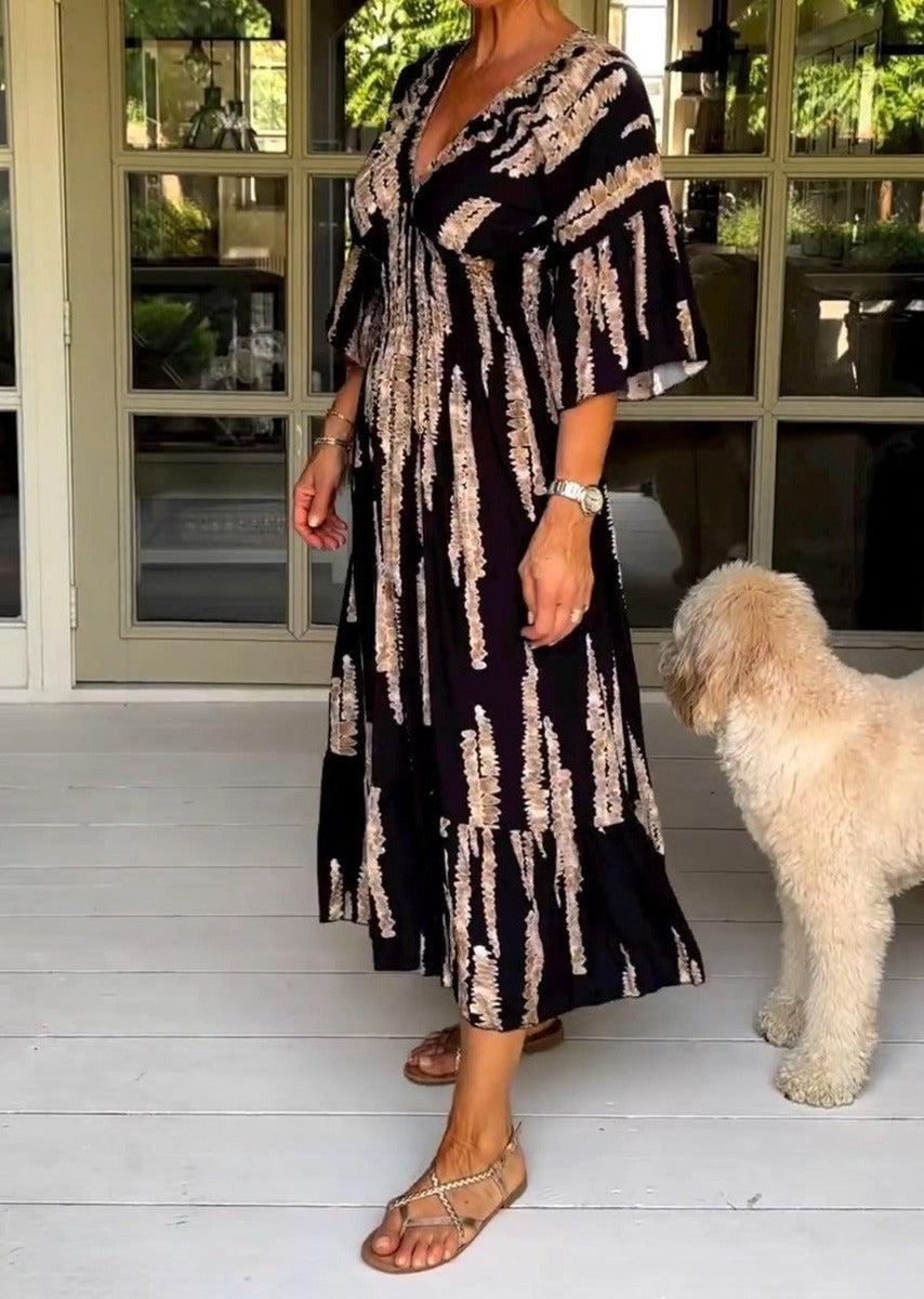 Robe midi rétro imprimée à manches 3/4
