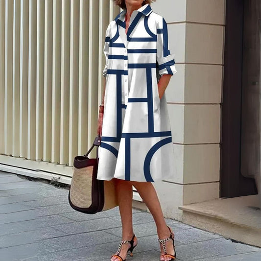 Robe midi à col imprimé rayé tendance