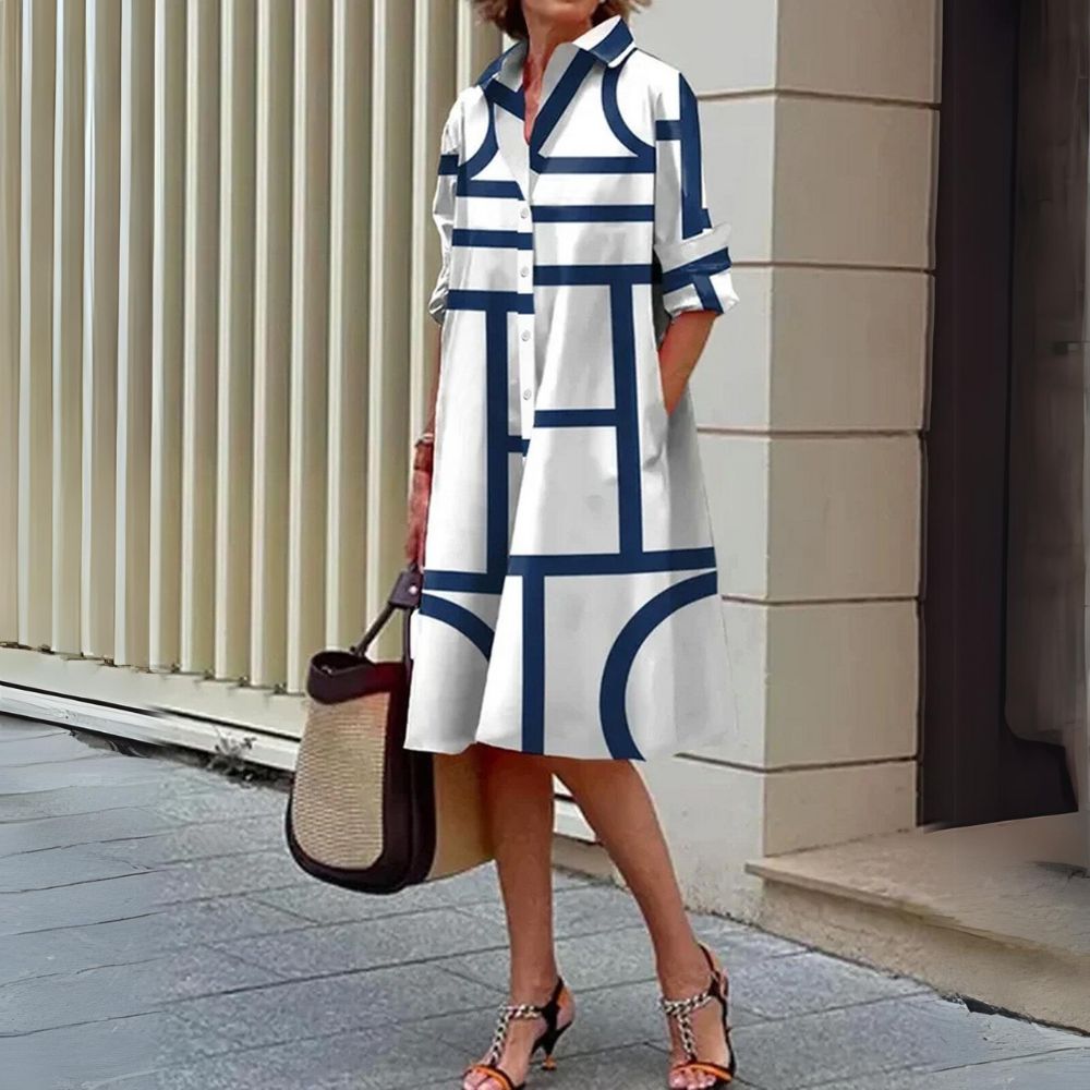 Robe midi à col imprimé rayé tendance
