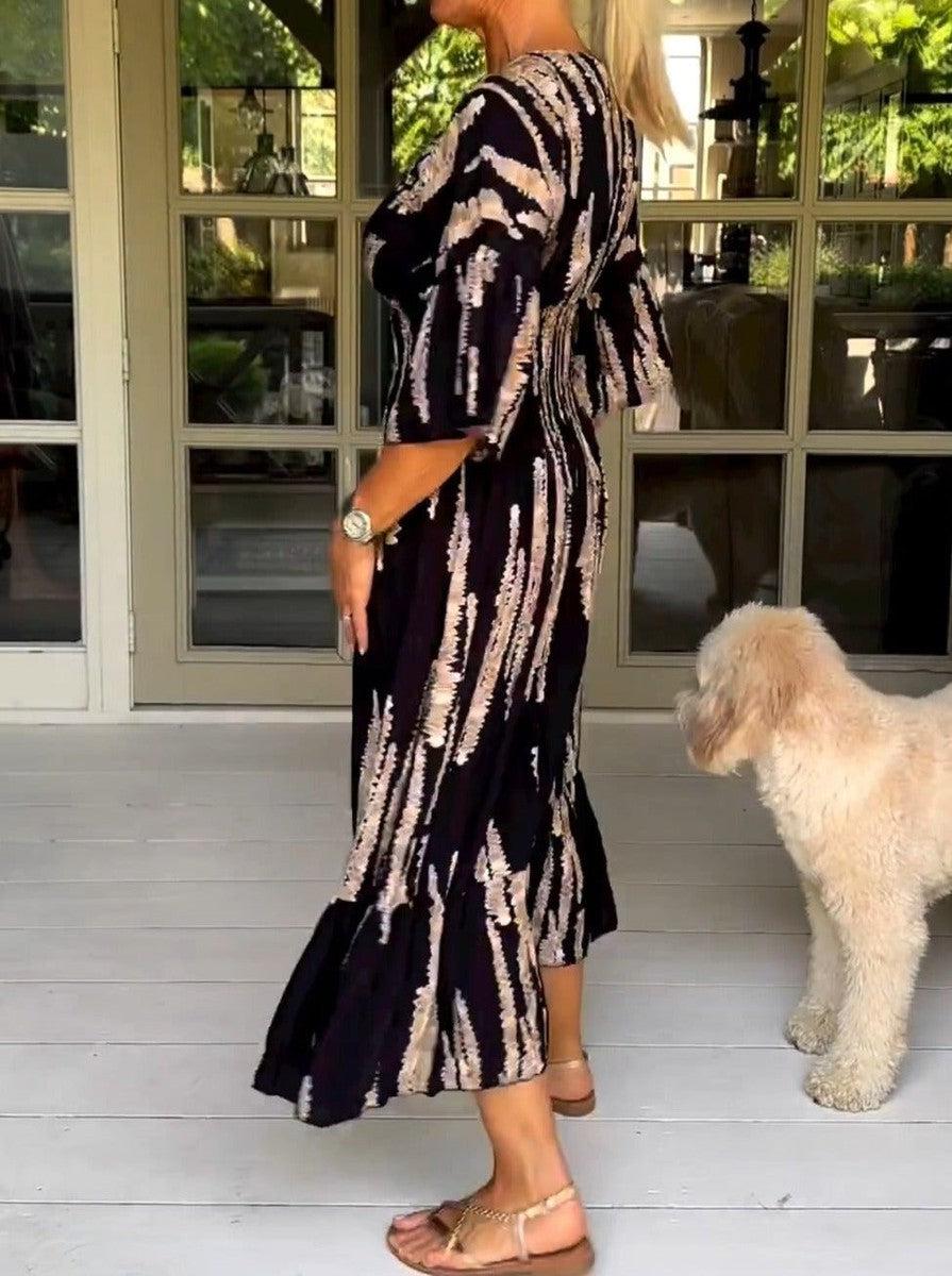 Robe midi rétro imprimée à manches 3/4