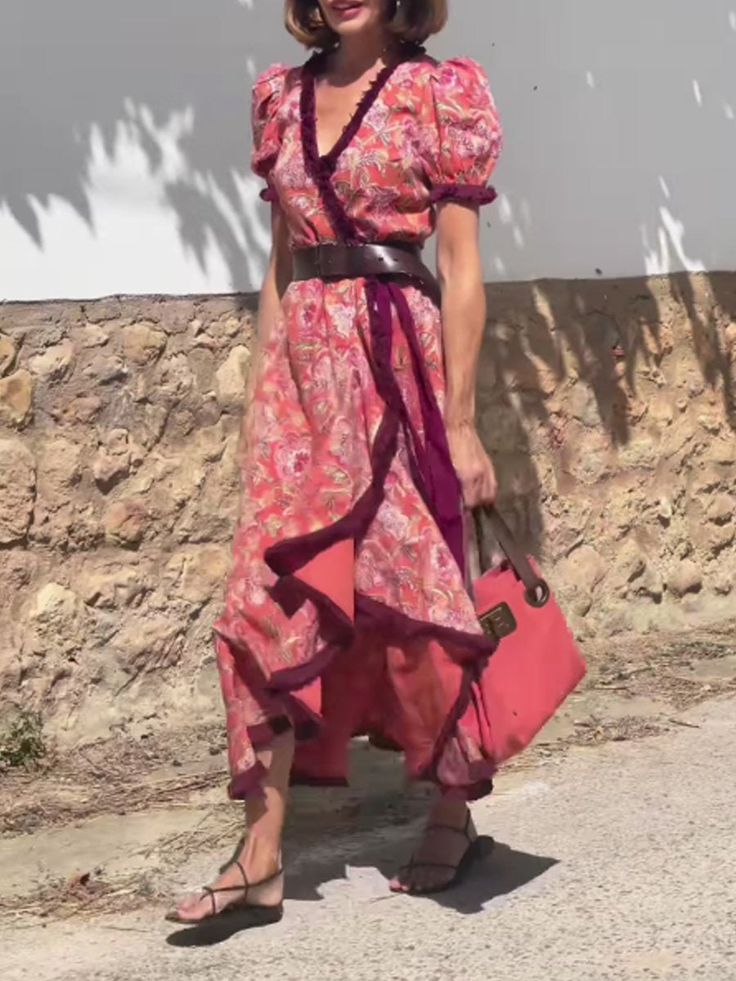 Robe longue rose élégante à manches courtes