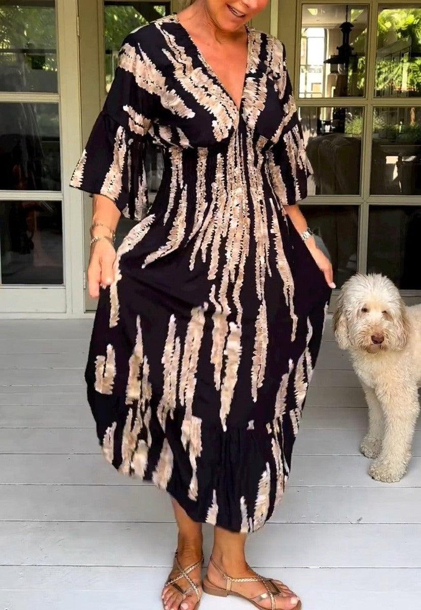 Robe midi rétro imprimée à manches 3/4