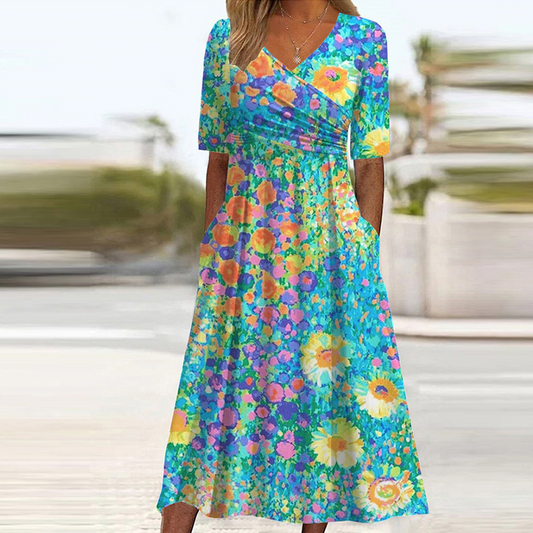 Robe mi-longue élégante à manches courtes et imprimé floral