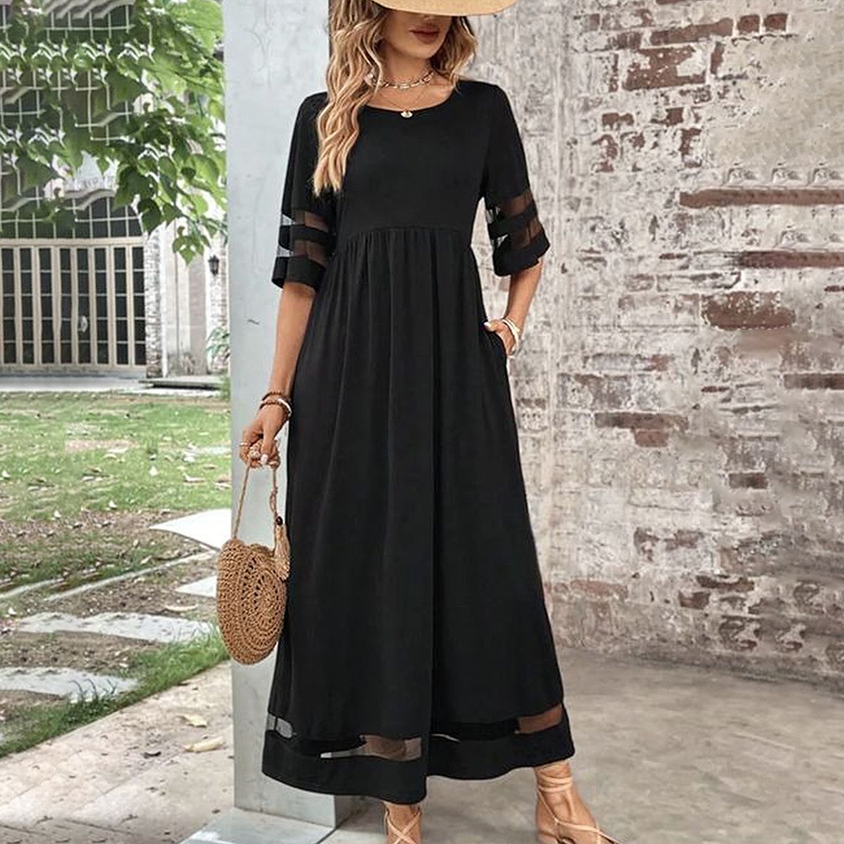 Robe longue noire unie à manches 3/4