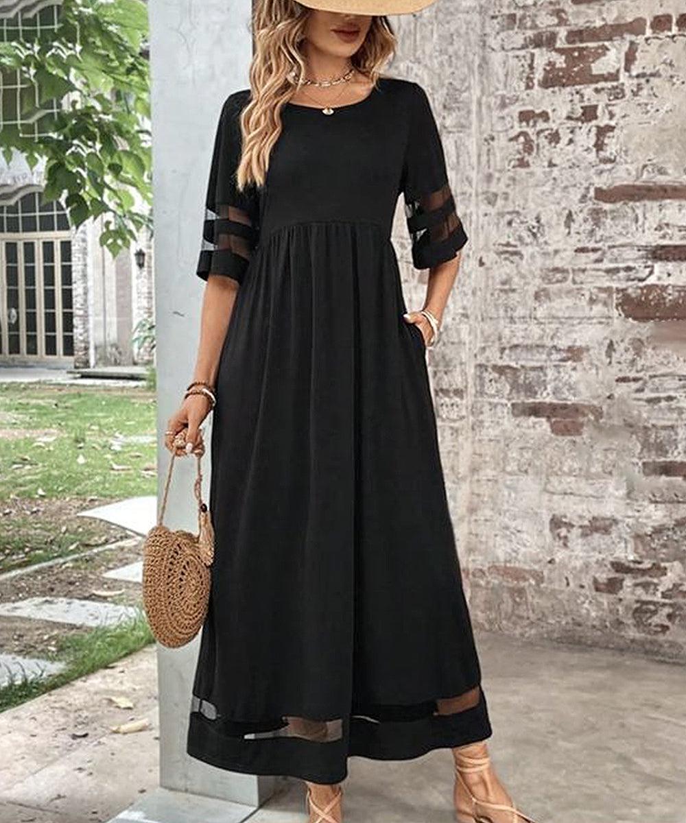 Robe longue noire unie à manches 3/4