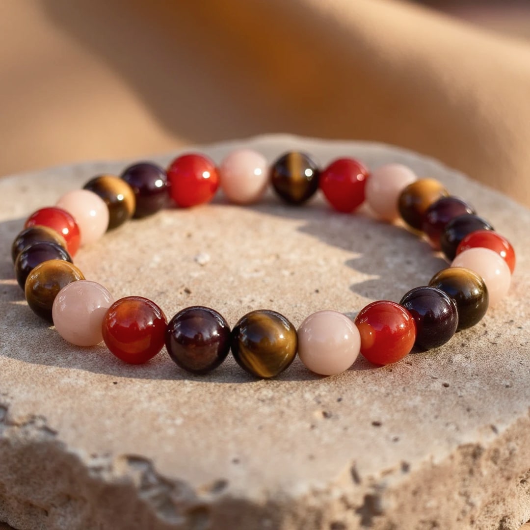 Bracelet "Chance & Joie" en Oeil de Tigre, Pierre de Soleil, Cornaline & Grenat
