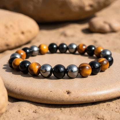 Bracelet "3 Protections" en Oeil de Tigre, Hématite & Obsidienne Noire
