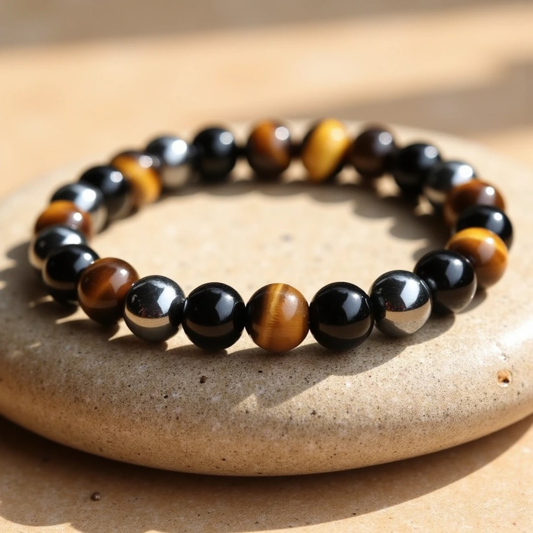 Bracelet "3 Protections" en Oeil de Tigre, Hématite & Obsidienne Noire