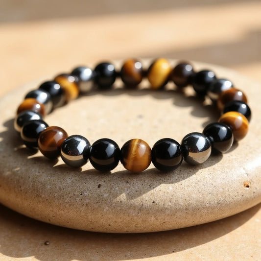 Bracelet "3 Protections" en Oeil de Tigre, Hématite & Obsidienne Noire