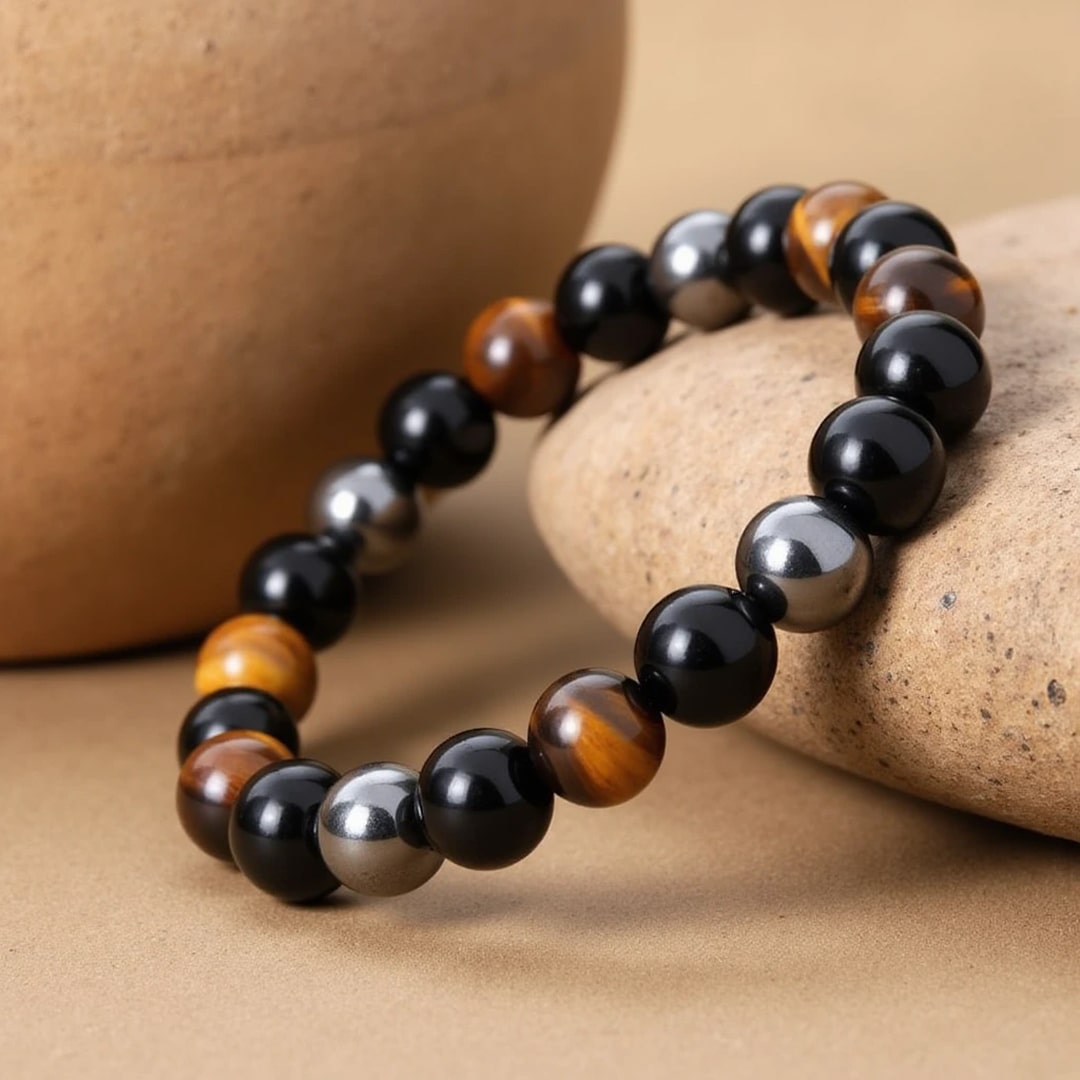 Bracelet "3 Protections" en Oeil de Tigre, Hématite & Obsidienne Noire