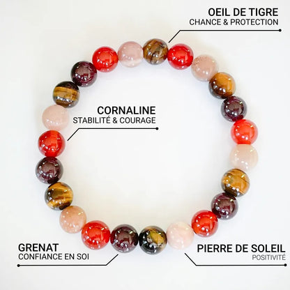 Bracelet "Chance & Joie" en Oeil de Tigre, Pierre de Soleil, Cornaline & Grenat