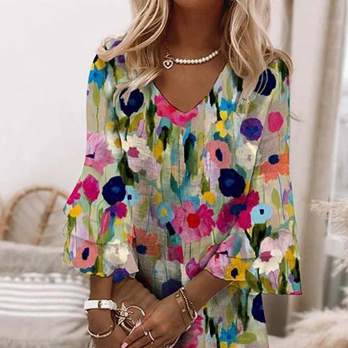 Mini-robe romantique à col en V et imprimé floral