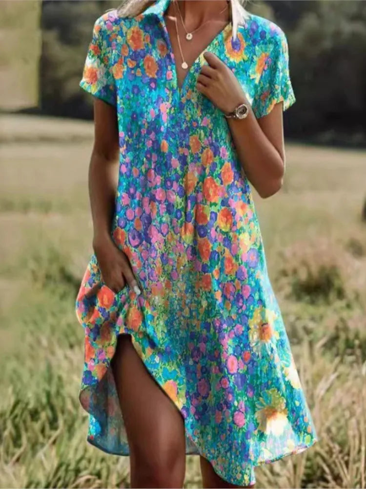 Carla™ | Robe florale boutonnée élégante à col en V