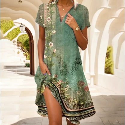Carla™ | Robe florale boutonnée élégante à col en V