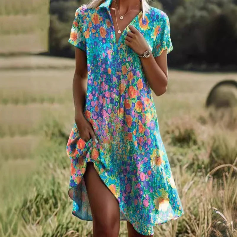 Carla™ | Robe florale boutonnée élégante à col en V