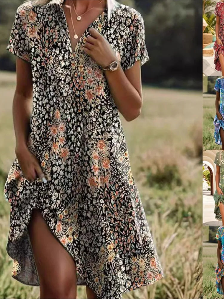 Carla™ | Robe florale boutonnée élégante à col en V