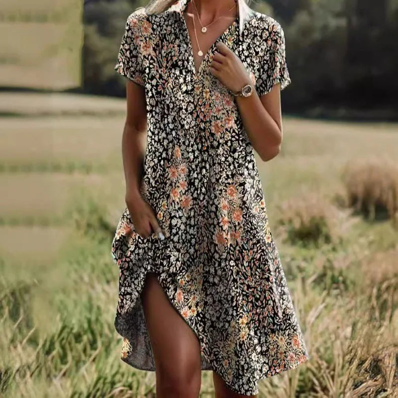 Carla™ | Robe florale boutonnée élégante à col en V