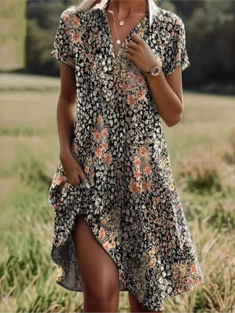 Carla™ | Robe florale boutonnée élégante à col en V