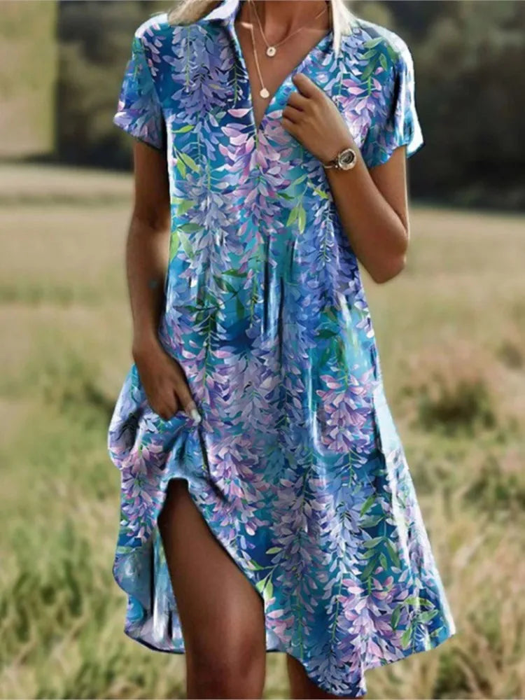 Carla™ | Robe florale boutonnée élégante à col en V
