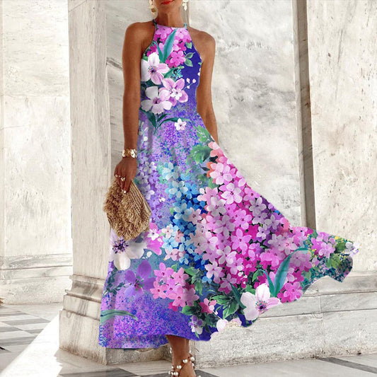 Robe longue sans manches à imprimé floral violet populaire