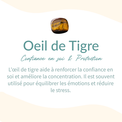 Bracelet "Chance & Joie" en Oeil de Tigre, Pierre de Soleil, Cornaline & Grenat