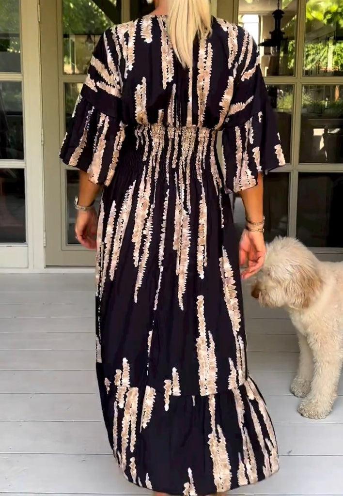 Robe midi rétro imprimée à manches 3/4