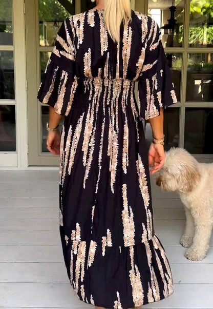 Robe midi rétro imprimée à manches 3/4