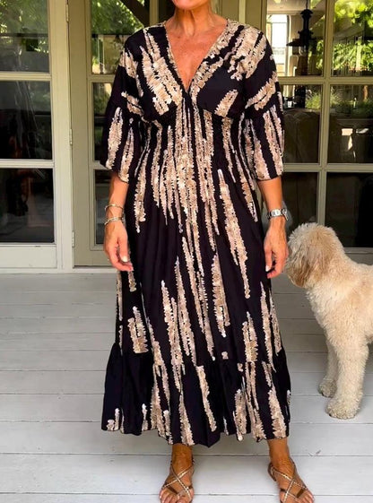 Robe midi rétro imprimée à manches 3/4
