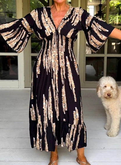 Robe midi rétro imprimée à manches 3/4