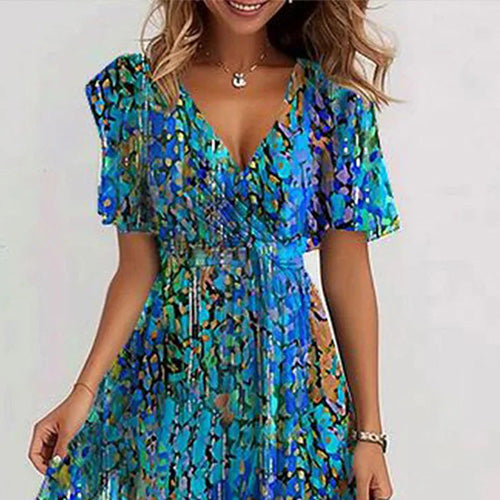Robe midi spéciale bleue à manches courtes